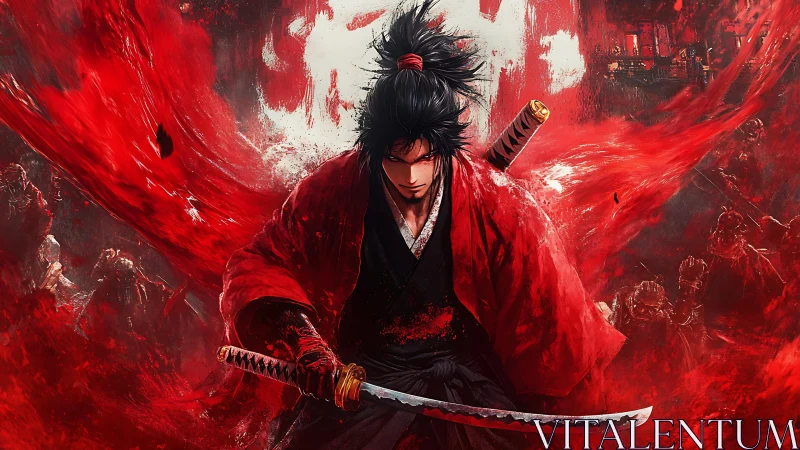 Samurai swordsman in red kimono amid dynamic crimson battlefield