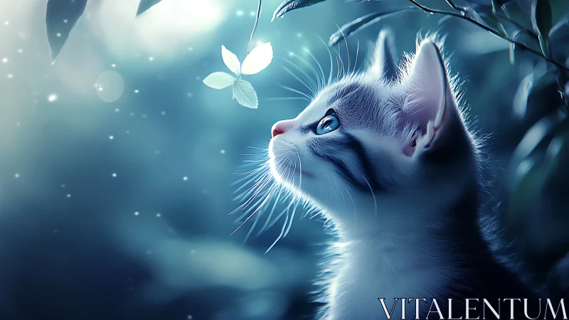 White Cat Gazes Upward at Luminous Leaf.