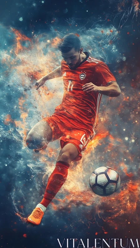 Dynamic soccer player in fiery motion on dark field.