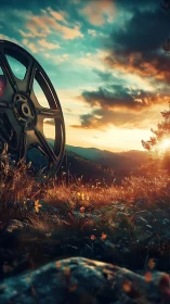 Cinematic steel wheel embedded in sunlit alpine meadowscape.
