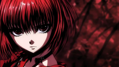 Red-haired anime girl stares intensely in high-contrast lighting