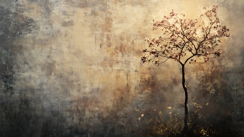 Solitary tree against textured wall in soft, moody digital art style.
