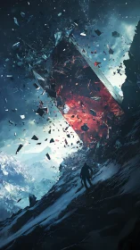 Solitary figure confronts shattering monolith above icy slope
