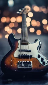 Sunburst electric bass with dreamy concert bokeh glow.
