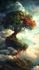 Floating dreamtree above the clouds in glowing twilight.