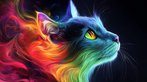 Stylized cat portrait with luminescent multicolor fur rendering.
