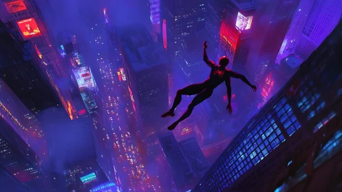 Neon vertigo skyline with silhouetted hero in freefall perspective.