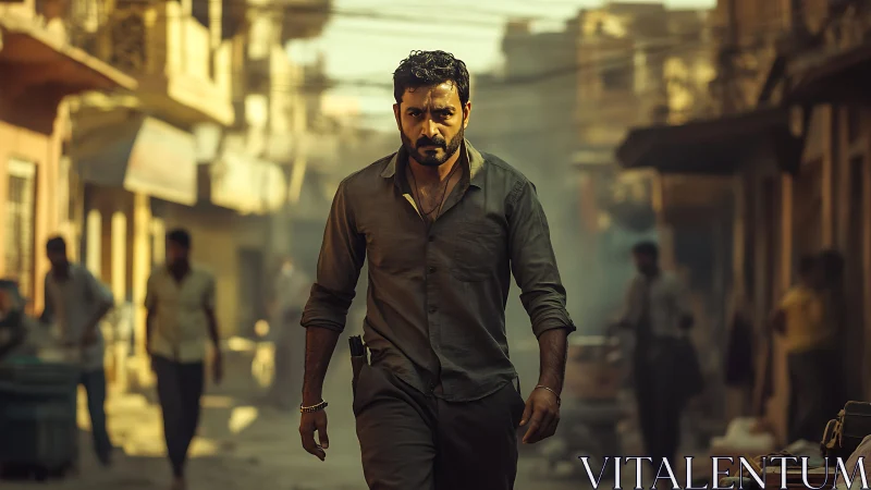 Determined man walks through dusty urban alleyway at dusk