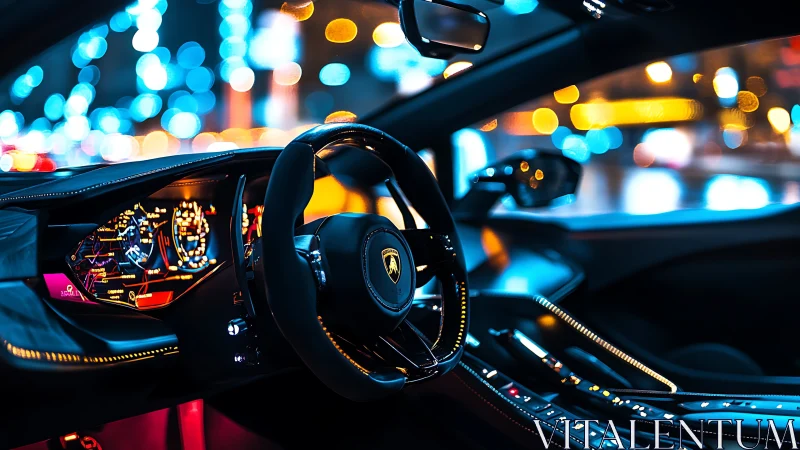 Lamborghini cockpit interior with digital dash at night.