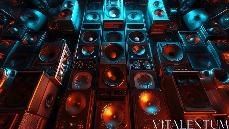 Symmetric wall of loudspeakers under cyan and orange studio light