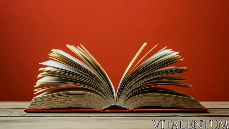 Open book on wooden table with vibrant orange background, minimal style.