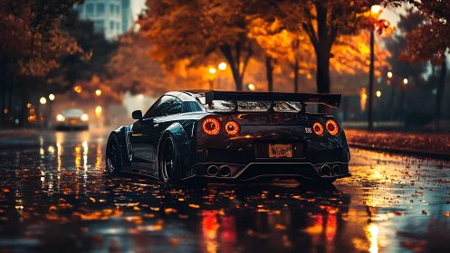 Modified sports car glows against wet autumn city street