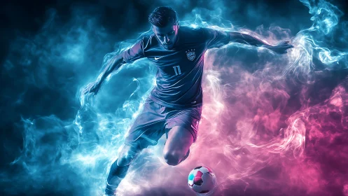 Dynamic soccer forward in neon blue and magenta vapor field