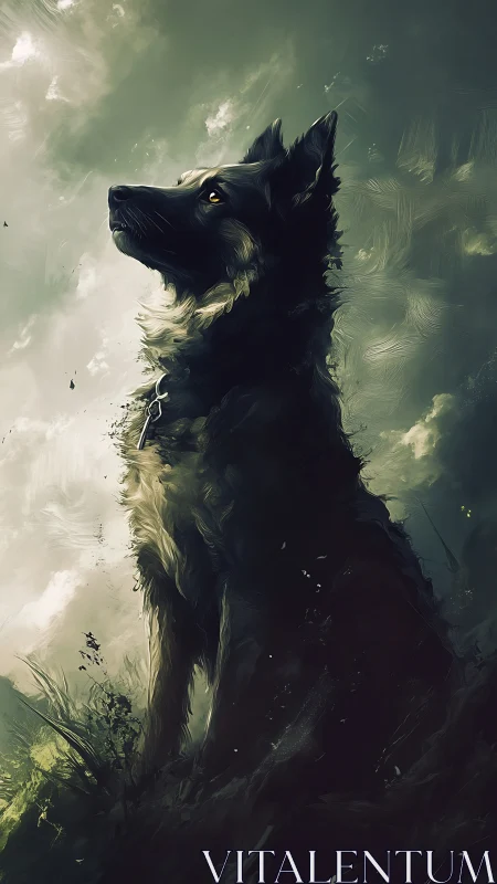 Loyal dog gazes toward a stormy sky with calm strength
