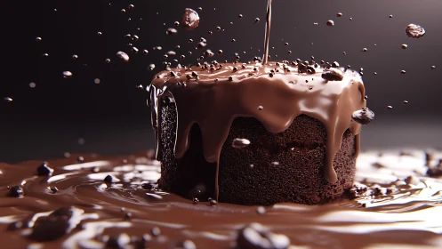 Chocolate Cake Immersed in Dynamic Liquid Chocolate with Kinetic Splash Simulation