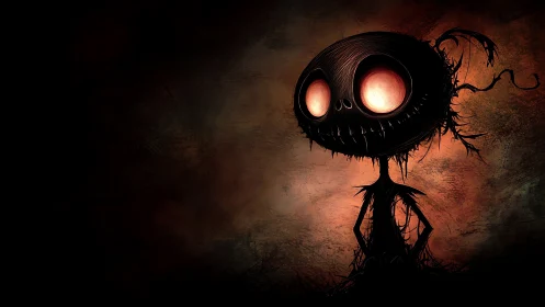 Emaciated cartoon figure stands against dark textured ground