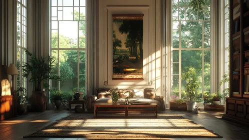 Sunlit double height conservatory lounge with botanical decor