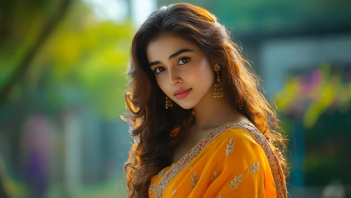 Young woman in embroidered sari stands in outdoor setting