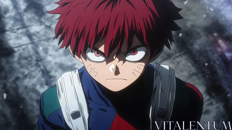 Red haired anime boy looks upward with intense expression