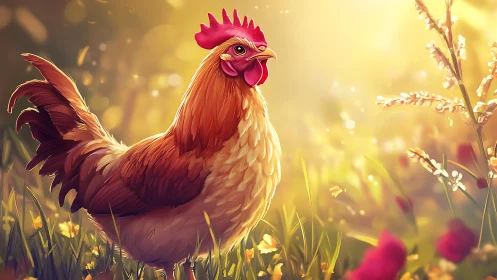 Golden Hour Rooster Portrait with Warm Bokeh Landscape
