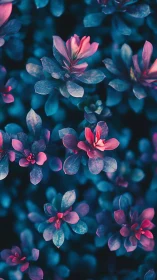 Neon Pink Flowers with Blue Foliage in Dark Setting
