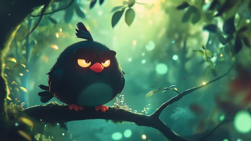 Grumpy Cartoon Black Bird on Forest Branch, Soft Digital Art.