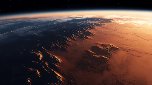 Martian horizon with sunlit craters and rugged terrain.