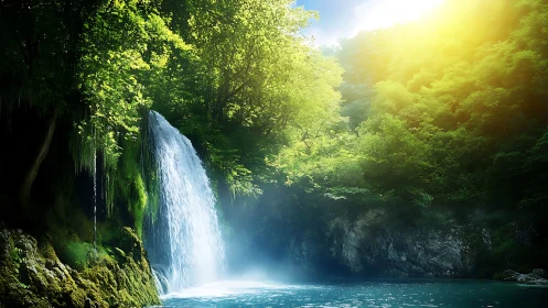 Sunlit forest waterfall whispering through emerald mist.