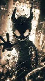 Shadow demon avatar emerges through crackling digital fire.