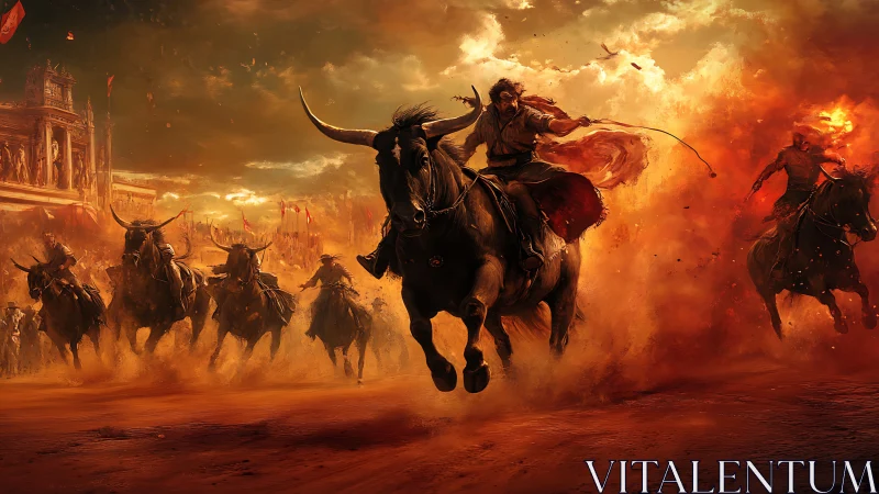 Warrior cavalry charge through fiery cinematic dust storm.
