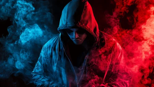 Hooded figure stands in dramatic red and blue neon smoke contrast