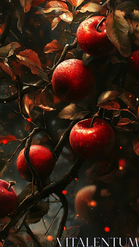 Rain-speckled red apples on twisted branches under dramatic bokeh
