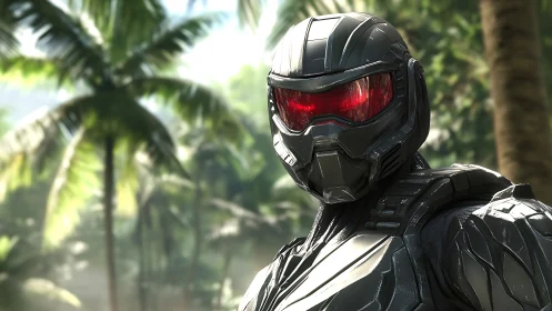 Futuristic black combat exosuit stands alert in tropical jungle
