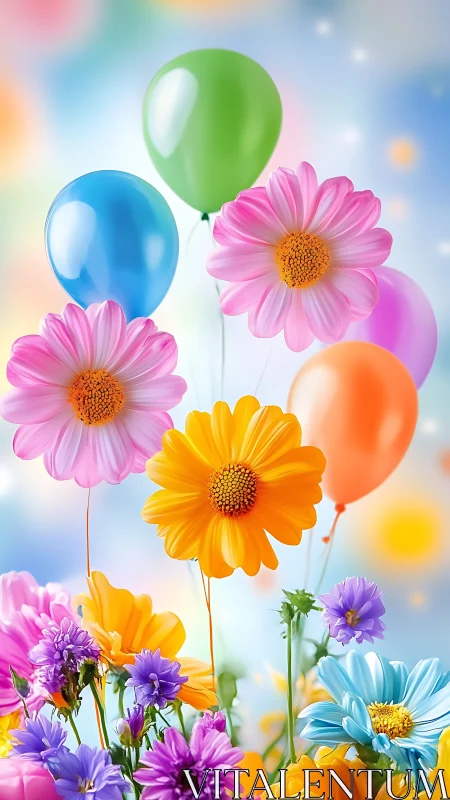 Composite Floral Arrangement with Chromatic Balloons Against Soft-Focus Sky.