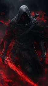 Hooded dark figure wielding glowing red energy sword.