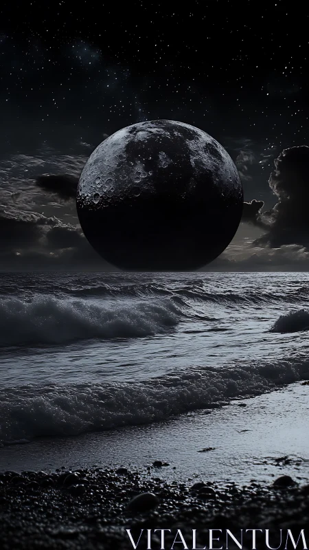 Photorealistic lunar horizon over nocturnal breaking surf.