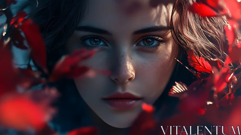 Cinematic close-up portrait framed by crimson autumn leaves.