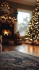 Shallow depth holiday interior with fireplace bokeh and tree