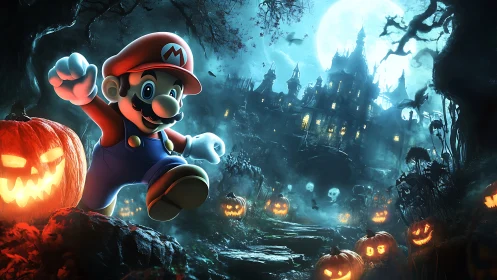 Mario runs through eerie pumpkin-lit haunted forest night.