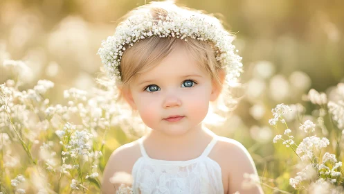 Toddler in White Floral Crown Surrounded by Baby's Breath.