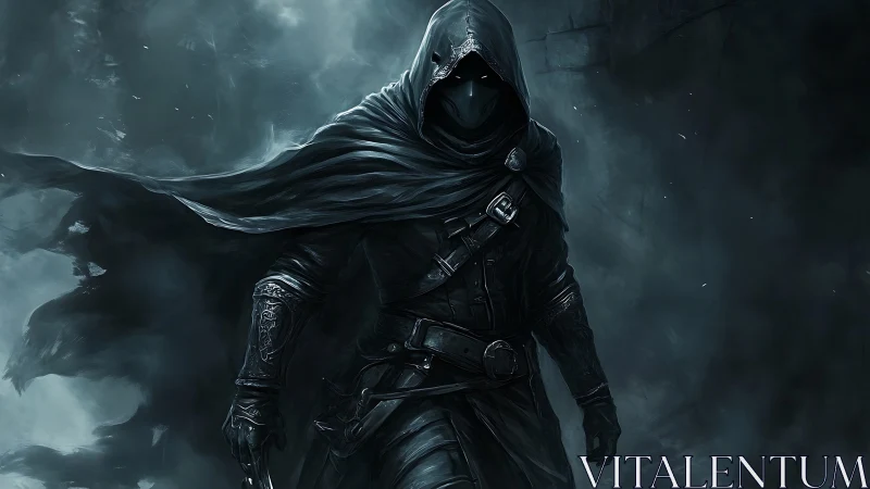 Shadowed rogue in a storm of swirling midnight fog stands poised.