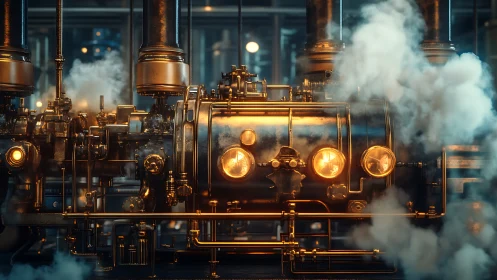 Steam powered industrial engine with brass piping system.