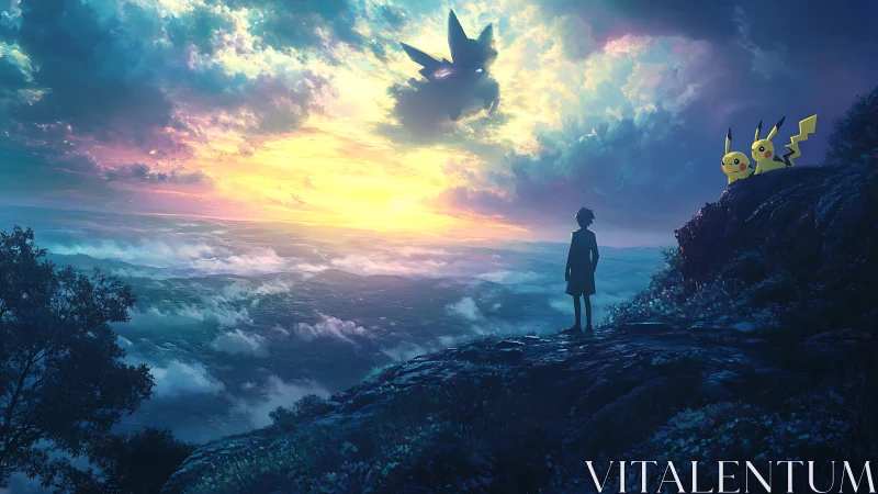 Boy and Pikachu watch glowing sky over vast valley.