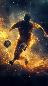 Fiery footballer captured mid-kick in glowing motion storm.