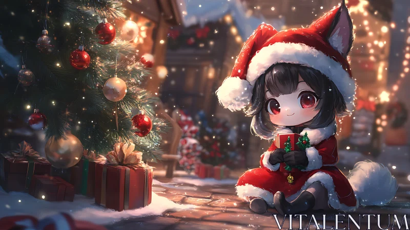 Chibi child in red Santa outfit near decorated tree at night.