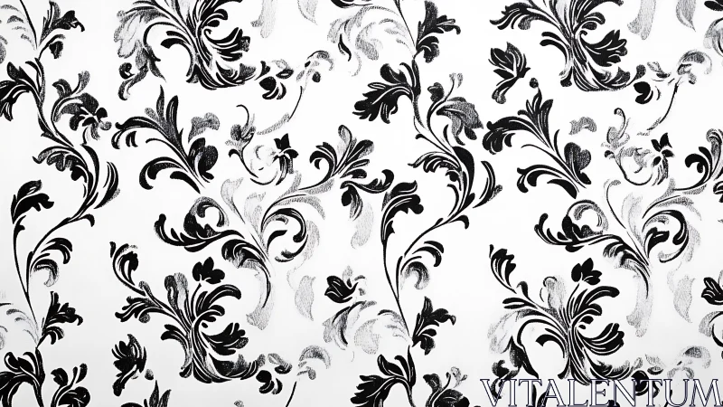 Monochrome damask scrollwork pattern on white ground.
