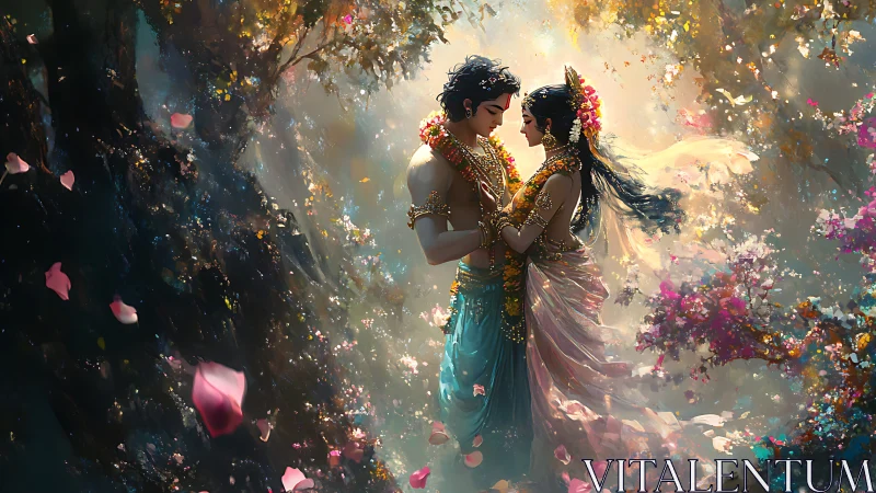 Two souls dance in enchanted gardens filled with golden light