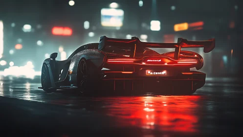 Neon-soaked hypercar growls through a rain-slick midnight grid