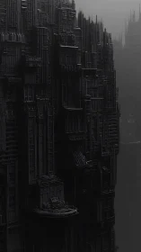 Dense monolithic futuristic city wall in heavy fog.