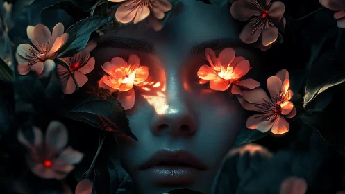 Human face emerges from dark foliage with glowing flowers